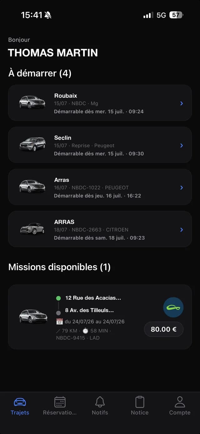 Capture d'écran de l'application Odova montrant le suivi d'un trajet de convoyage